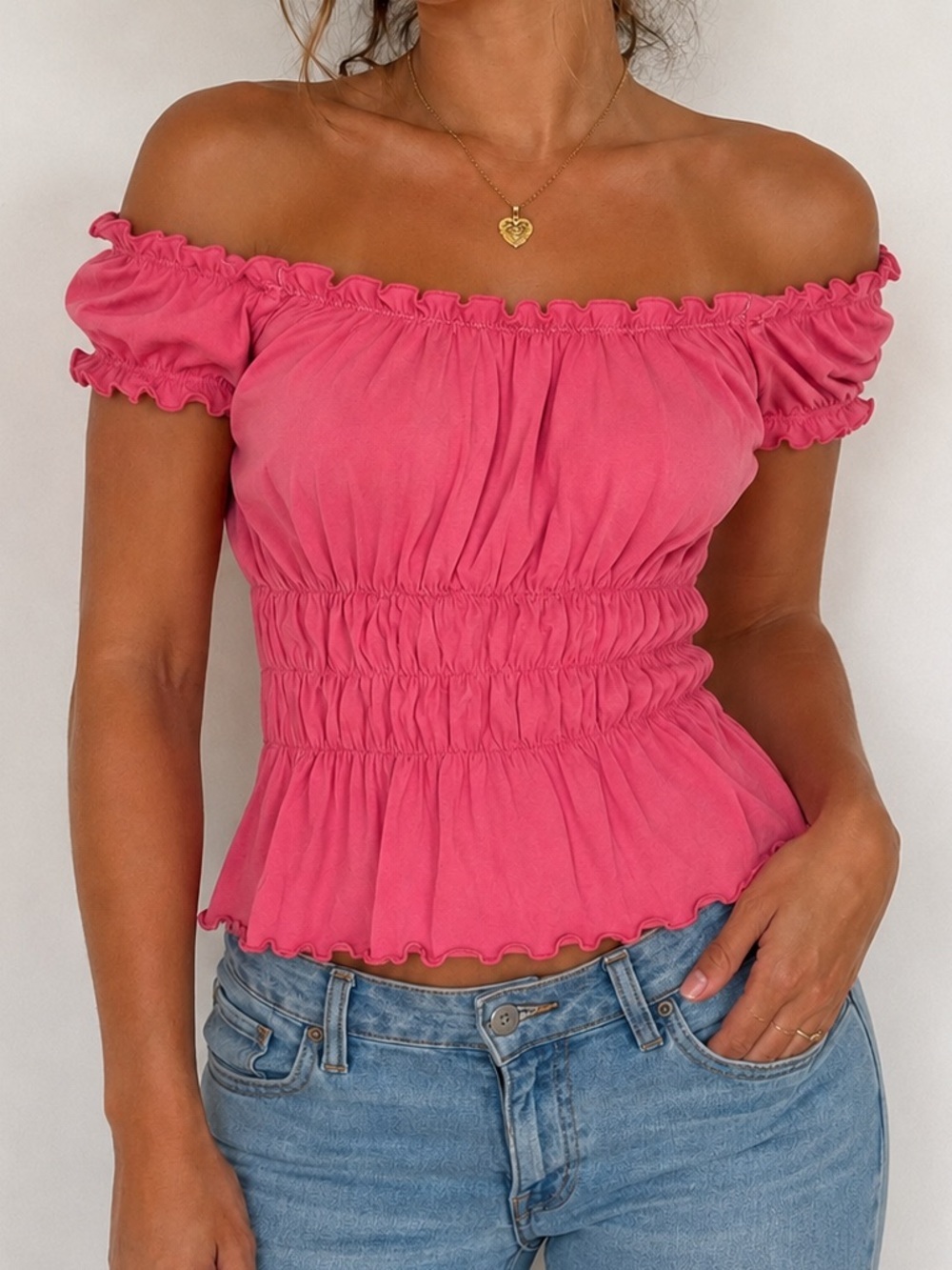Vintage Hard Tail Pink Off Shoulder Ruffle Smocked Babydoll Top Small
